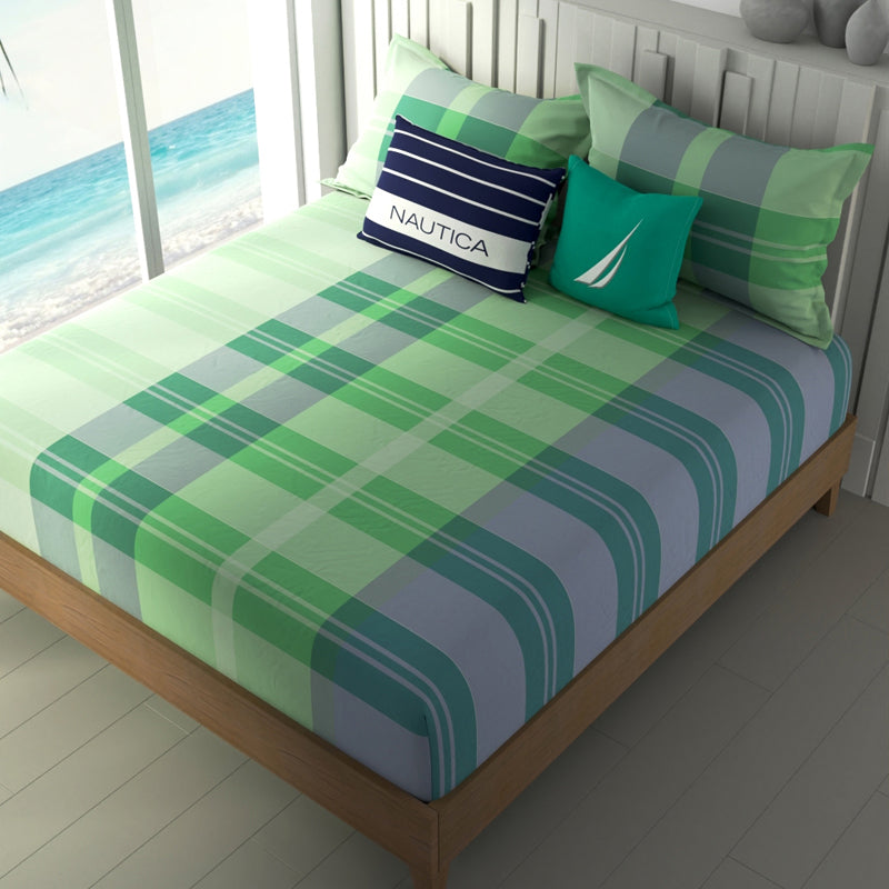 Nautica Soleil Lines Bedsheet (Green, Blue) - 160 TC - King