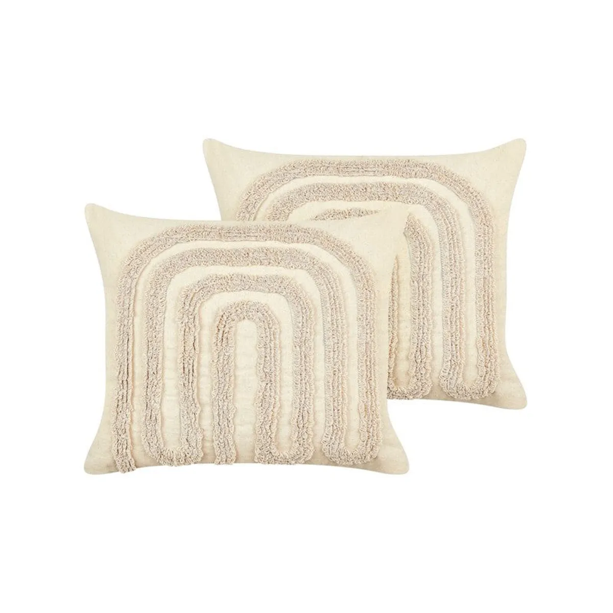 Two square off-white cushion covers with raised geometric tufted patterns.