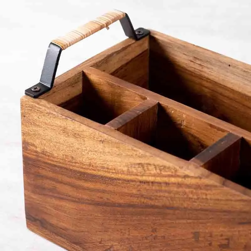 Close view of the brown wooden holder's interior and black metal-look handles