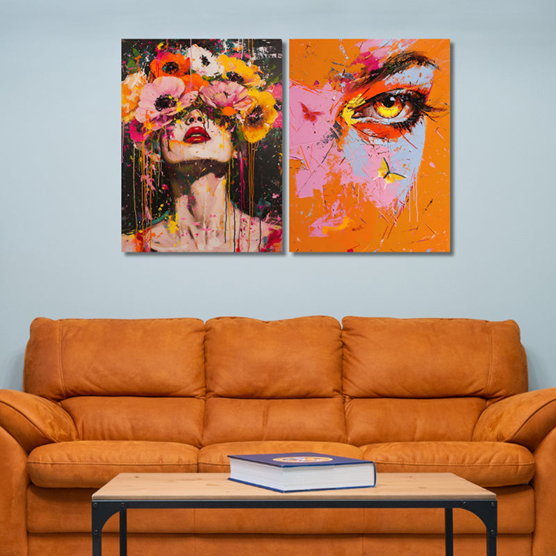 Fire & Blooms Canvas Wall Painting - Set Of Two
