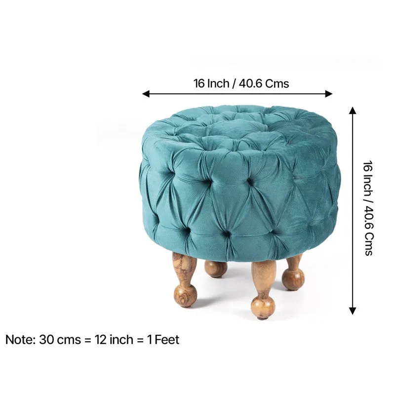 Blue round ottoman with dimension arrows