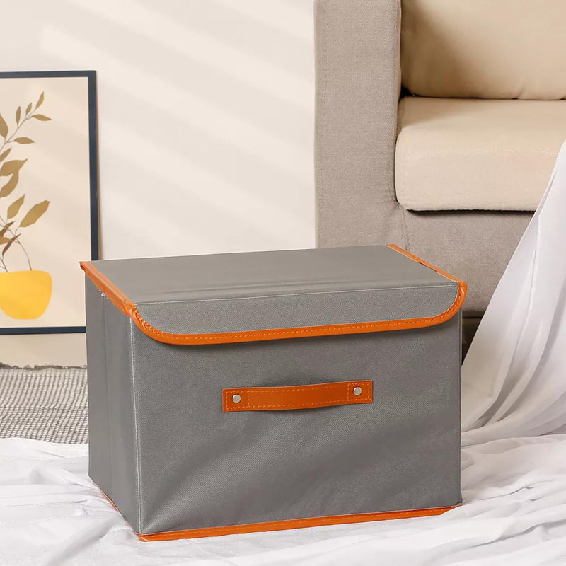 Foldable Grey Cloth Storage Box with Leather Trim | Vaaree