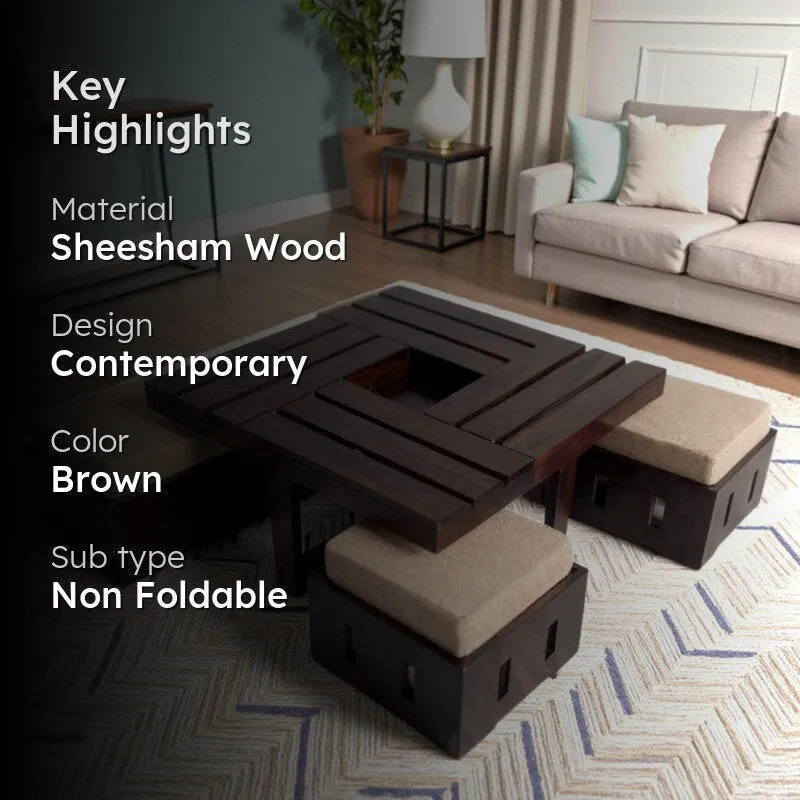 Flavon Sheesham Wooden Center Table with Stools and Cushions (Brown) - Nine Piece Set media 2