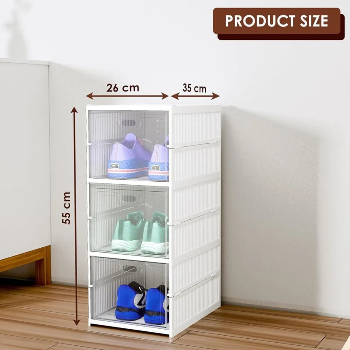 White three-layer shoe rack with transparent doors shown with size markings