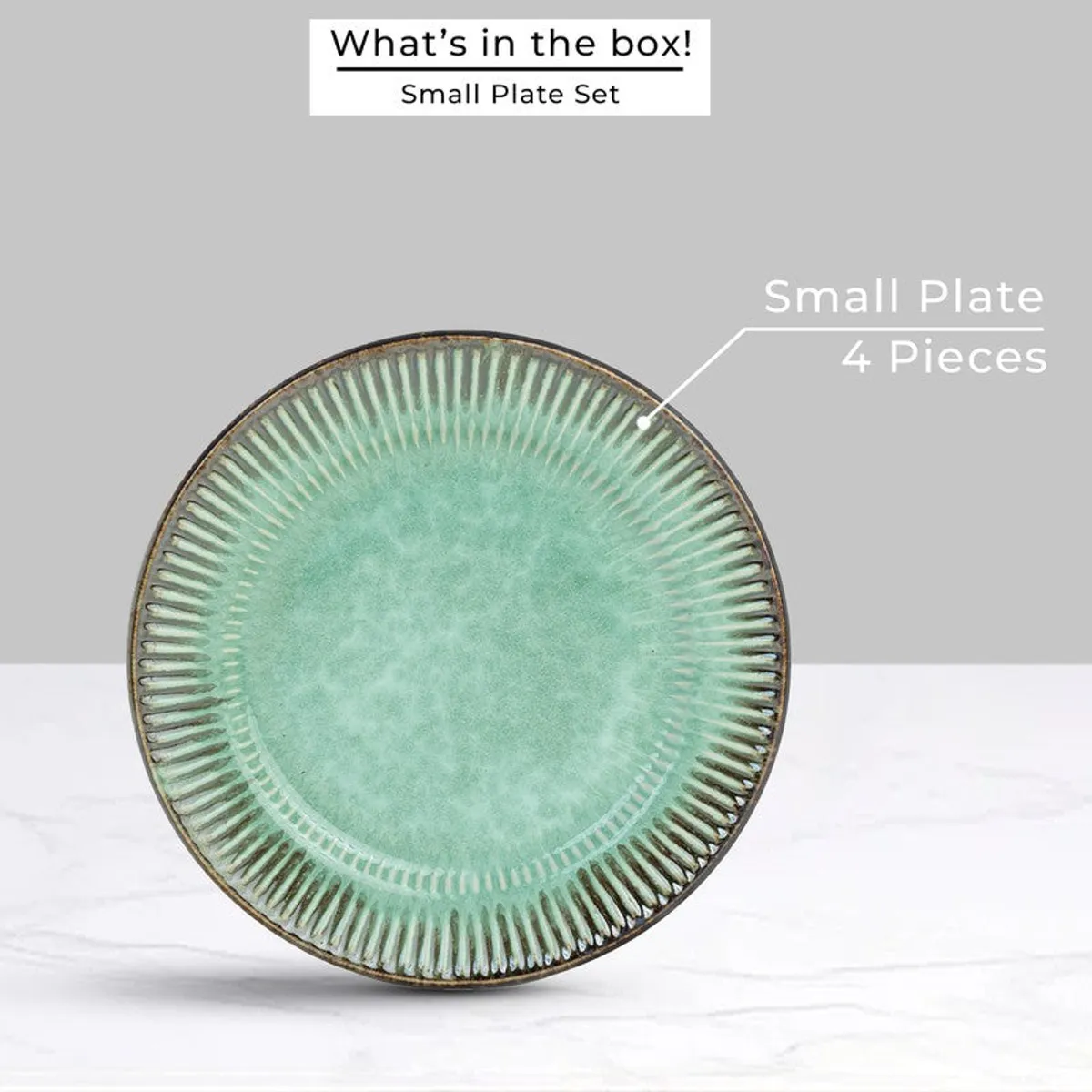 Single green ceramic quarter plate shown from the front.