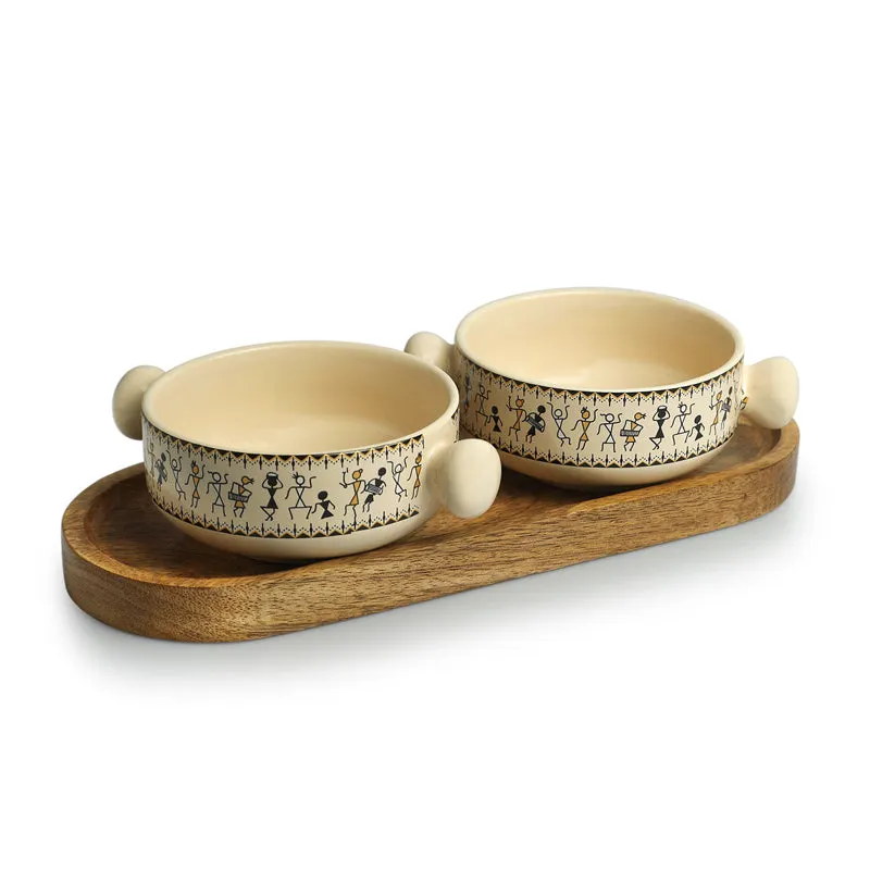 Warli Whirls Handcrafted Ceramic Bowl with Tray (400 ML) - Three Piece Set media 4