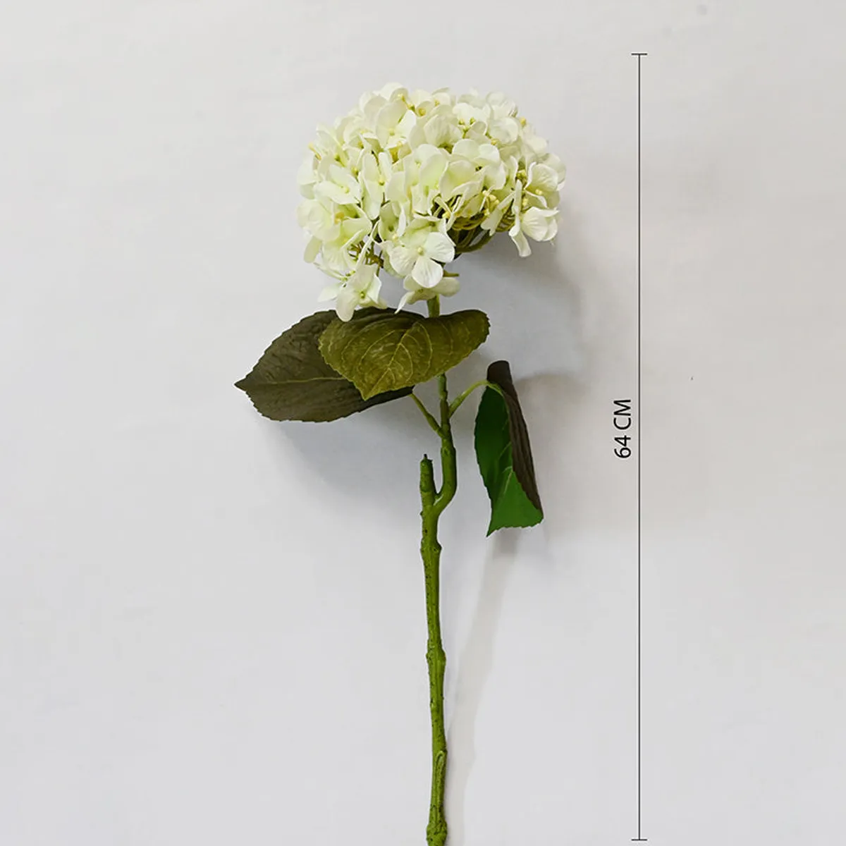 Full-length white artificial hydrangea stick shown with a 64 cm measurement.