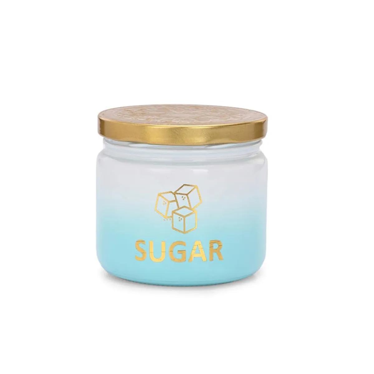 Front view of a green gradient glass sugar jar with gold lid