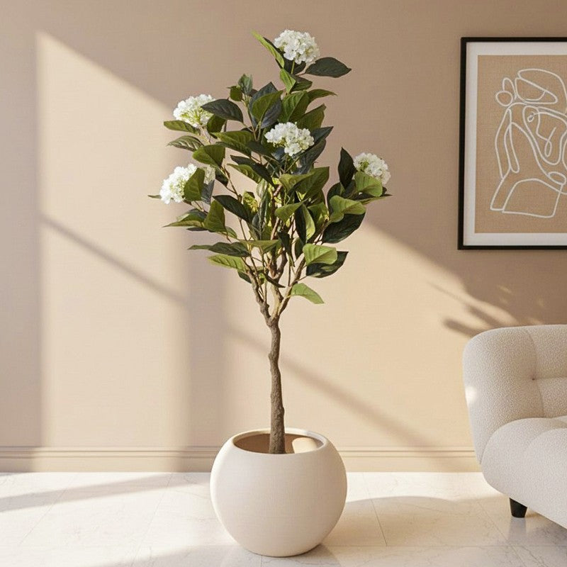 Chic Hydrangea Faux Artificial Plant With Black Plastic Pot - White