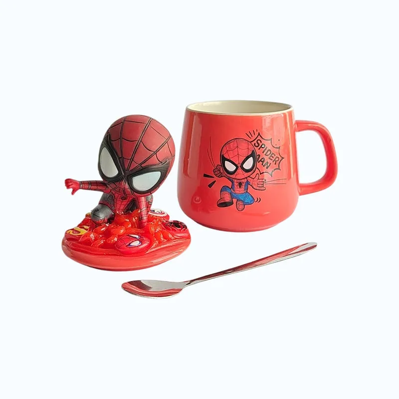 Spider-themed red mug shown with character lid removed and metal spoon