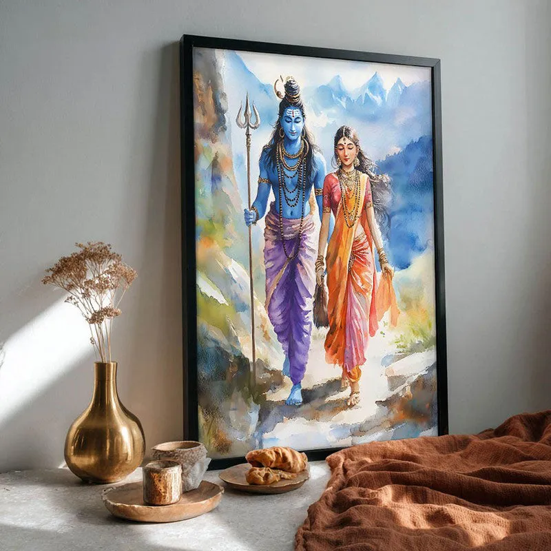 Uma Maheshwara Spiritual Archival Paper Wall Painting With Frame - Black media 4