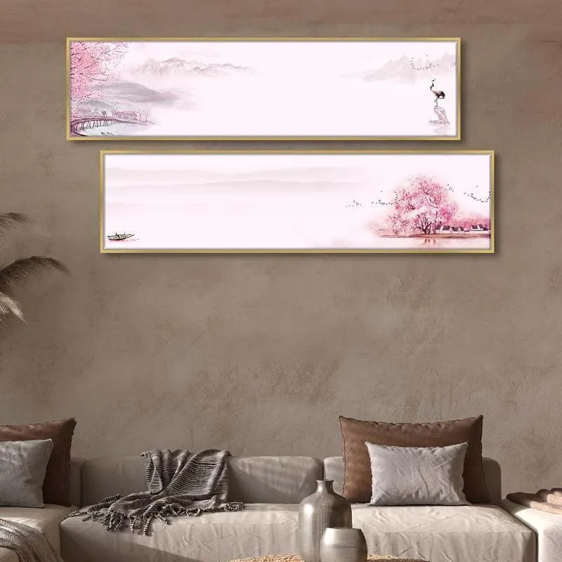 Cherry Blossom Lake Canvas Wall Art - Set Of Two media 1