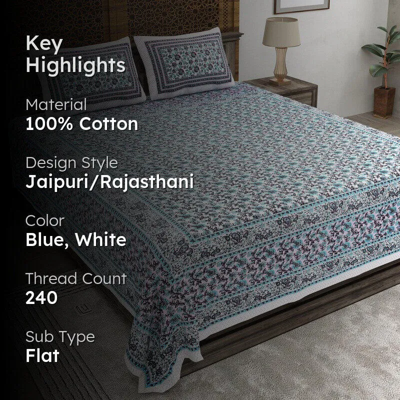 Crafton Cotton Bedsheet (Blue,White) - 240 TC media 2