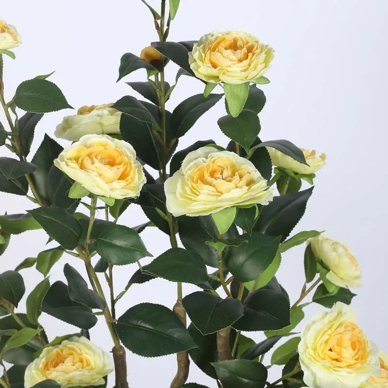 Faux Lush Mini Camellia Plant With Black Plastic Pot - Yellow & Green- 3.1 Feet media 5