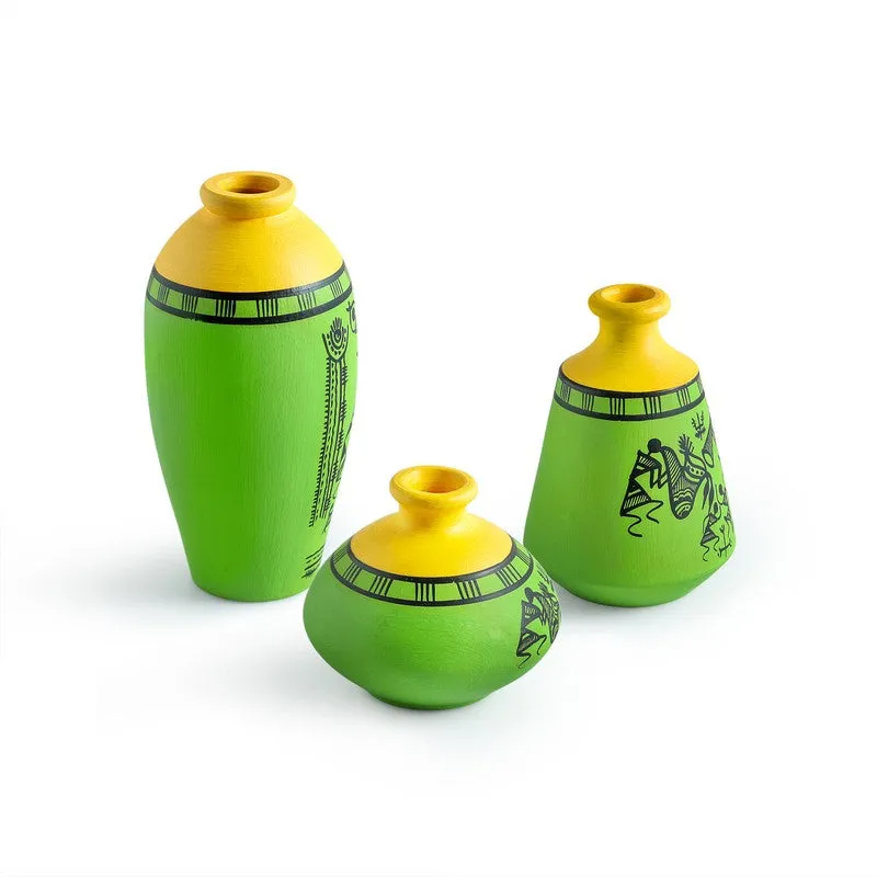 Warli Tales Vases - Set of Three (Green,Yelow) media 4