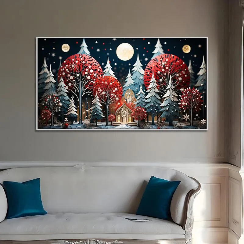 Winter Forest Cottage Landscape Canvas Wall Painting With Frame - White media 3