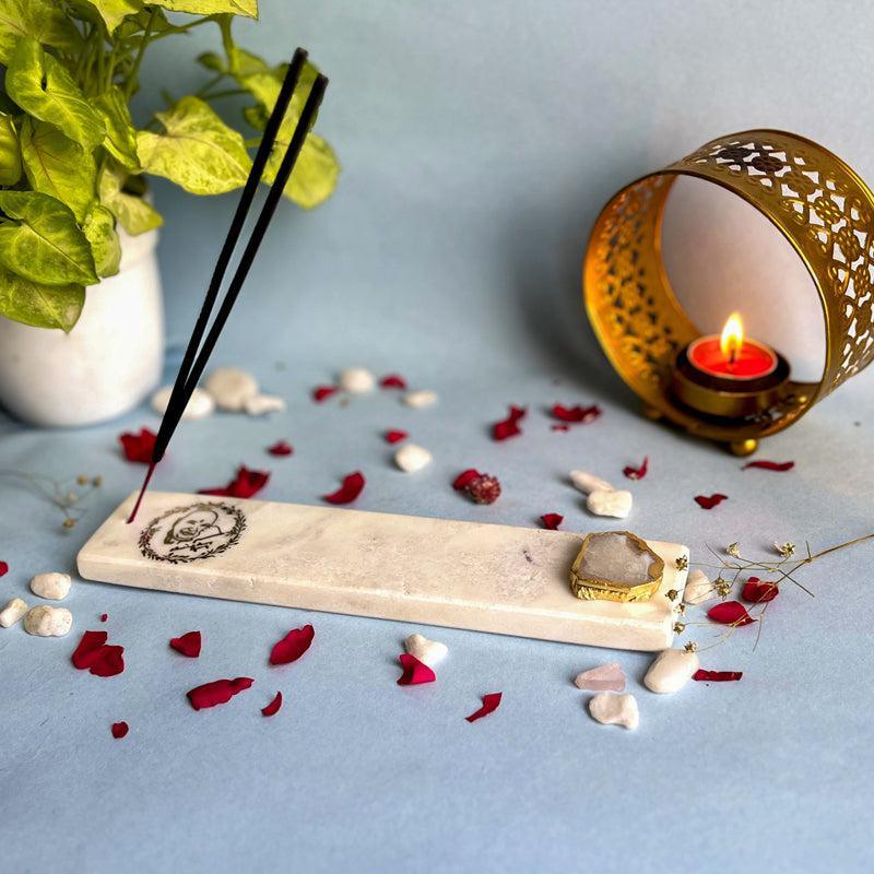 Guruji Marble Incense Holder With Agate Plating - White