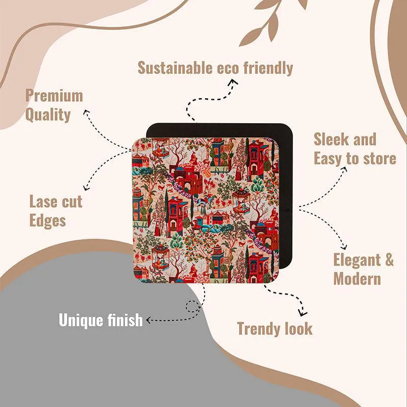 Single printed coaster shown front and back on a beige graphic background