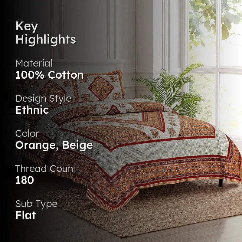 Akanksha Ethnic Cotton Bedsheet (Orange,Beige) - 180 TC media 2