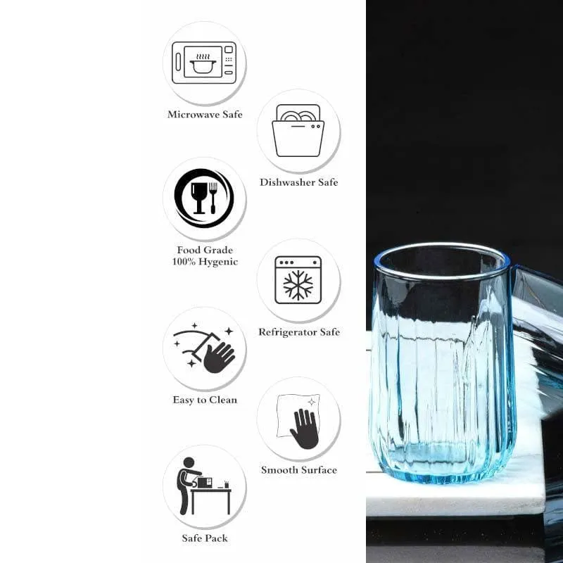 Blue glass tumbler beside feature icons on a split background