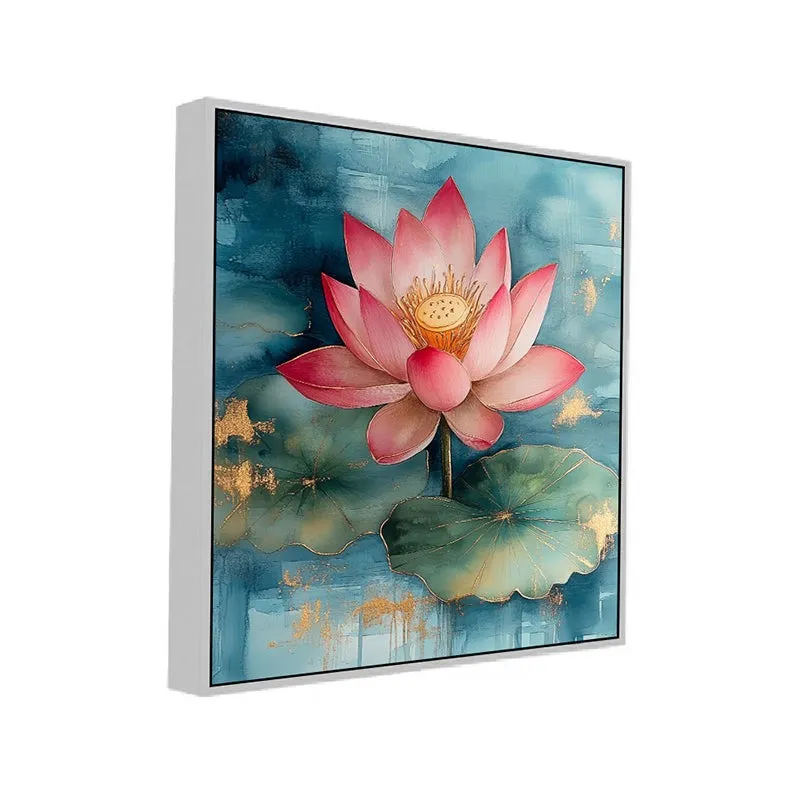 Lotus Lake Canvas Wall Painting With Frame - White media 3