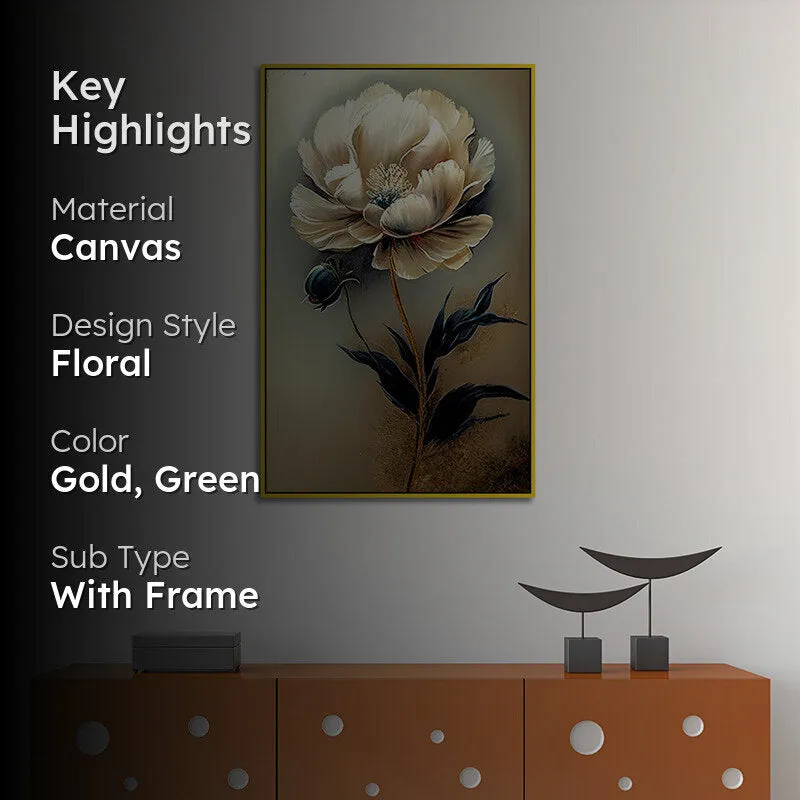 The Ivory Veil Floral Canvas Wall Painting With Frame - Gold media 2