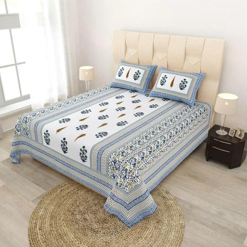 Amrutha Ethnic Printed Cotton Bedsheet (Blue) - 140 TC media 1