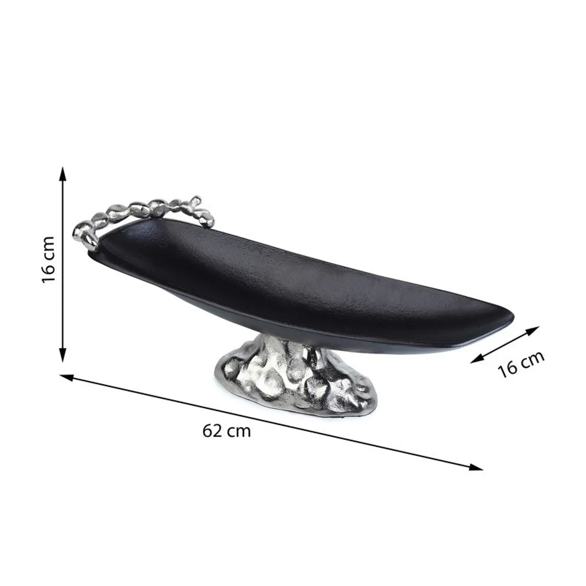 Rear angled view of the black fruit bowl with a silver decorative rim