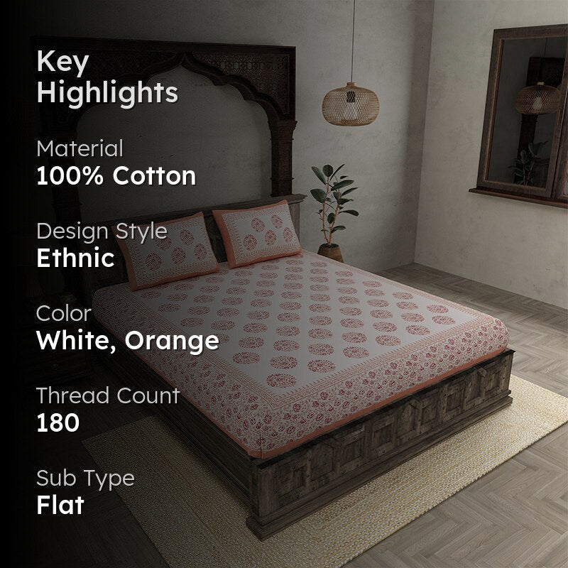 Lavo Floral Cotton Bedsheet (White,Orange) - 180 TC media 2