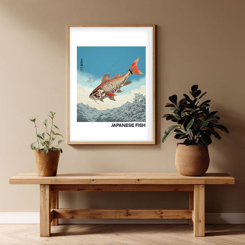 Japanese Fish Archival Canvas Wall Art - Natural Brown Frame