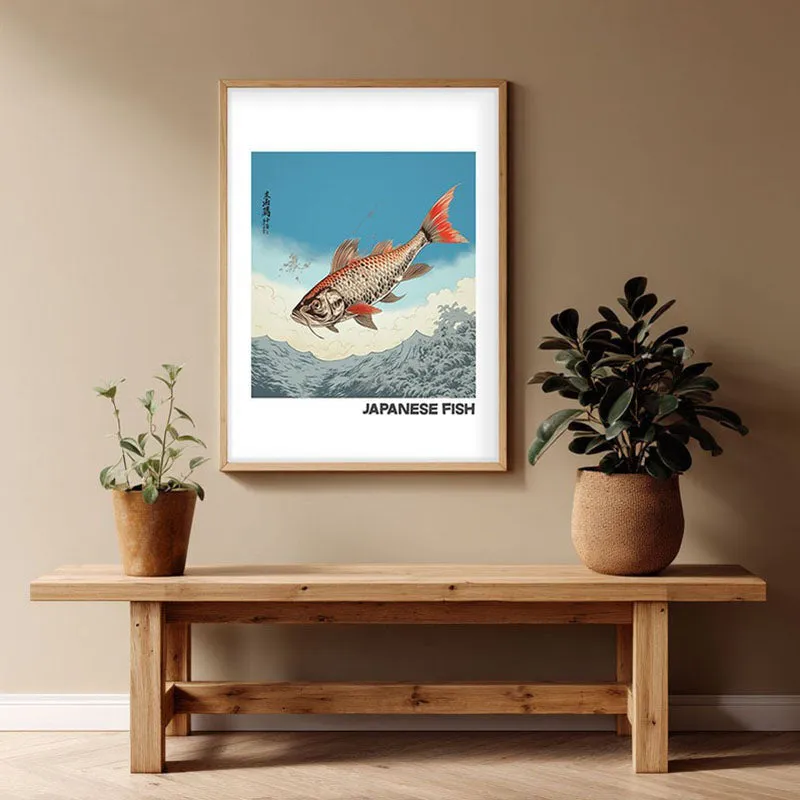Japanese Fish Archival Canvas Wall Art - Natural Brown Frame media 1