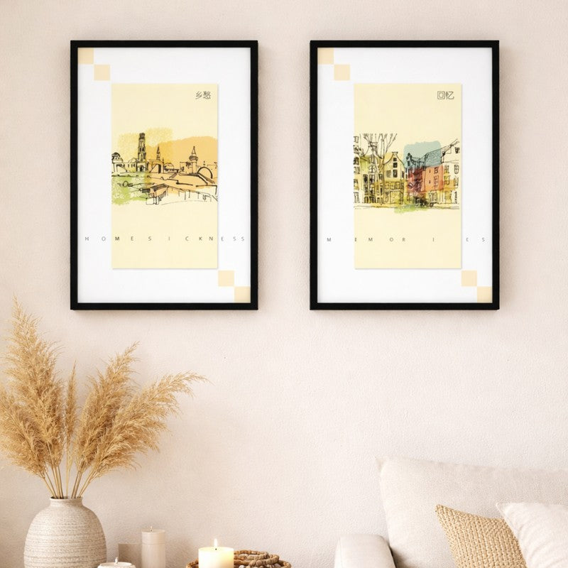 CitySketch Paper Wall Painting With MDF Frame - Set Of Two