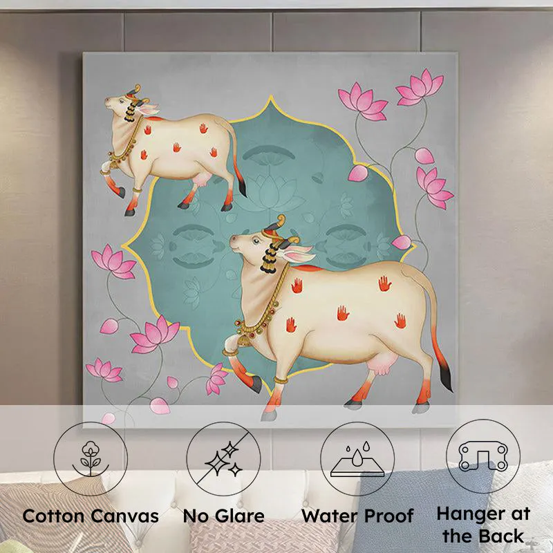 Pichwai Cow And Calf In Lotus Pond Wall Painting media 7