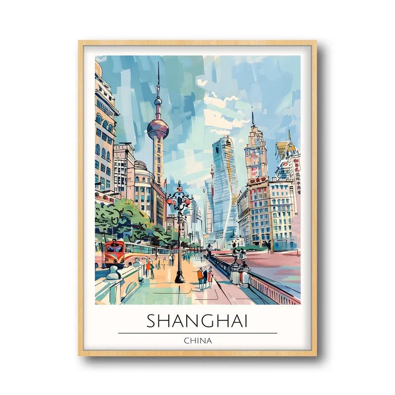 Vintage Shanghai Framed Canvas Archival Canvas Wall Painting - Natural Brown Frame media 5