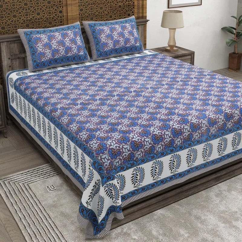 Auraus Cotton Bedsheet (Blue,Brown) - 240 TC media 1