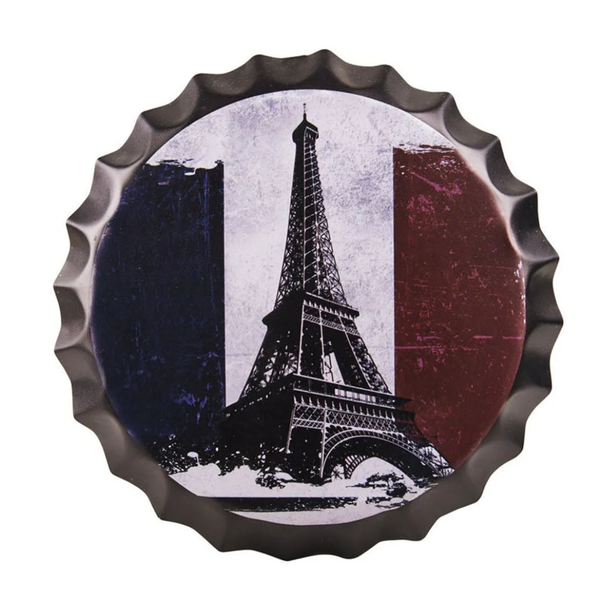 Paris Eiffel Tower bottle-cap wall accent shown against a white background