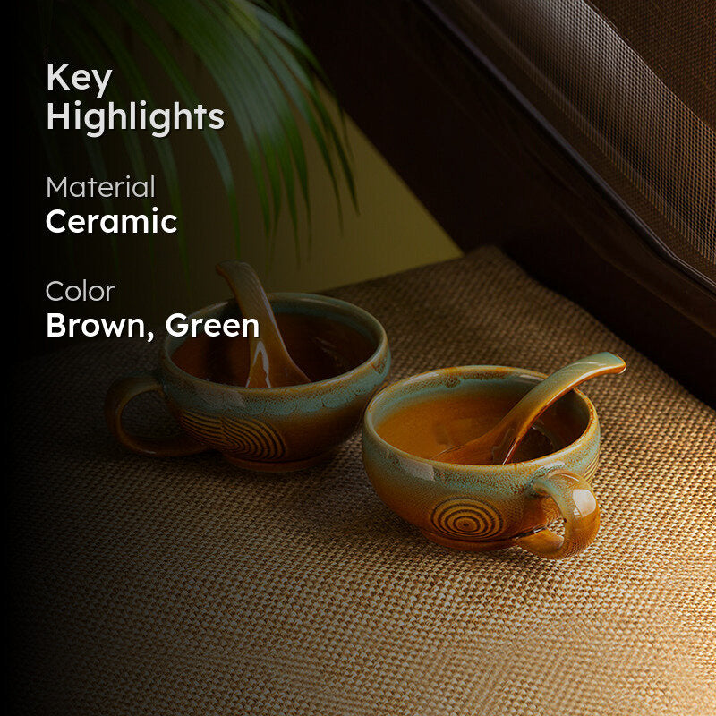 Kalika Handglazed Ceramic Soup Bowl With Spoon (Beige/320 mL) - Four Piece Set media 2