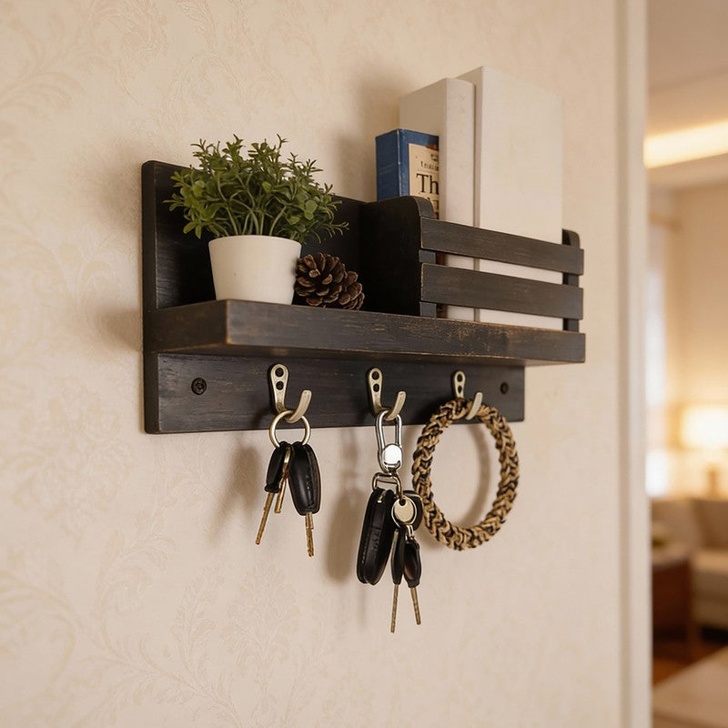 Vrika Wooden Wall Shelf Organiser with Key Holders