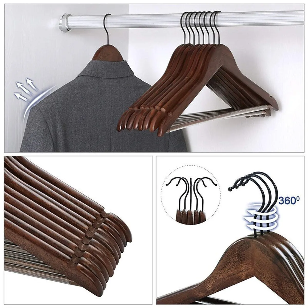 Collage showing brown wooden hangers and curved metal hooks
