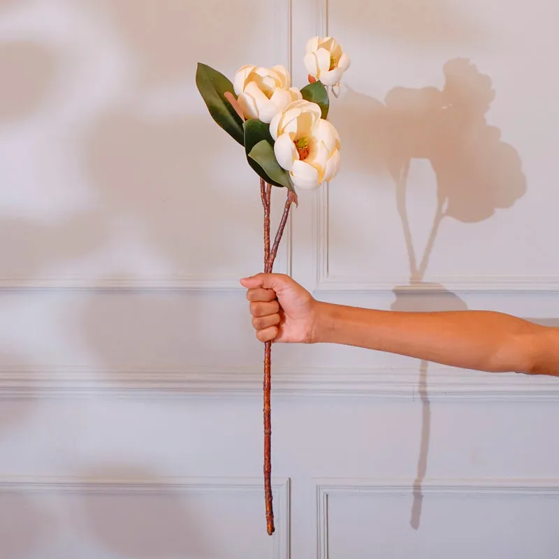 Faux Magnolia Cherry Blossom Flower Stick With Leaves (White) - 28 CM media 1