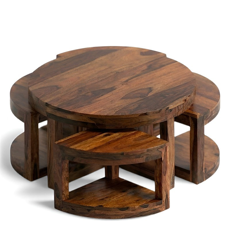 Mervon Sheesham Wooden Center Table with Stools (Brown) - Five Piece Set media 6