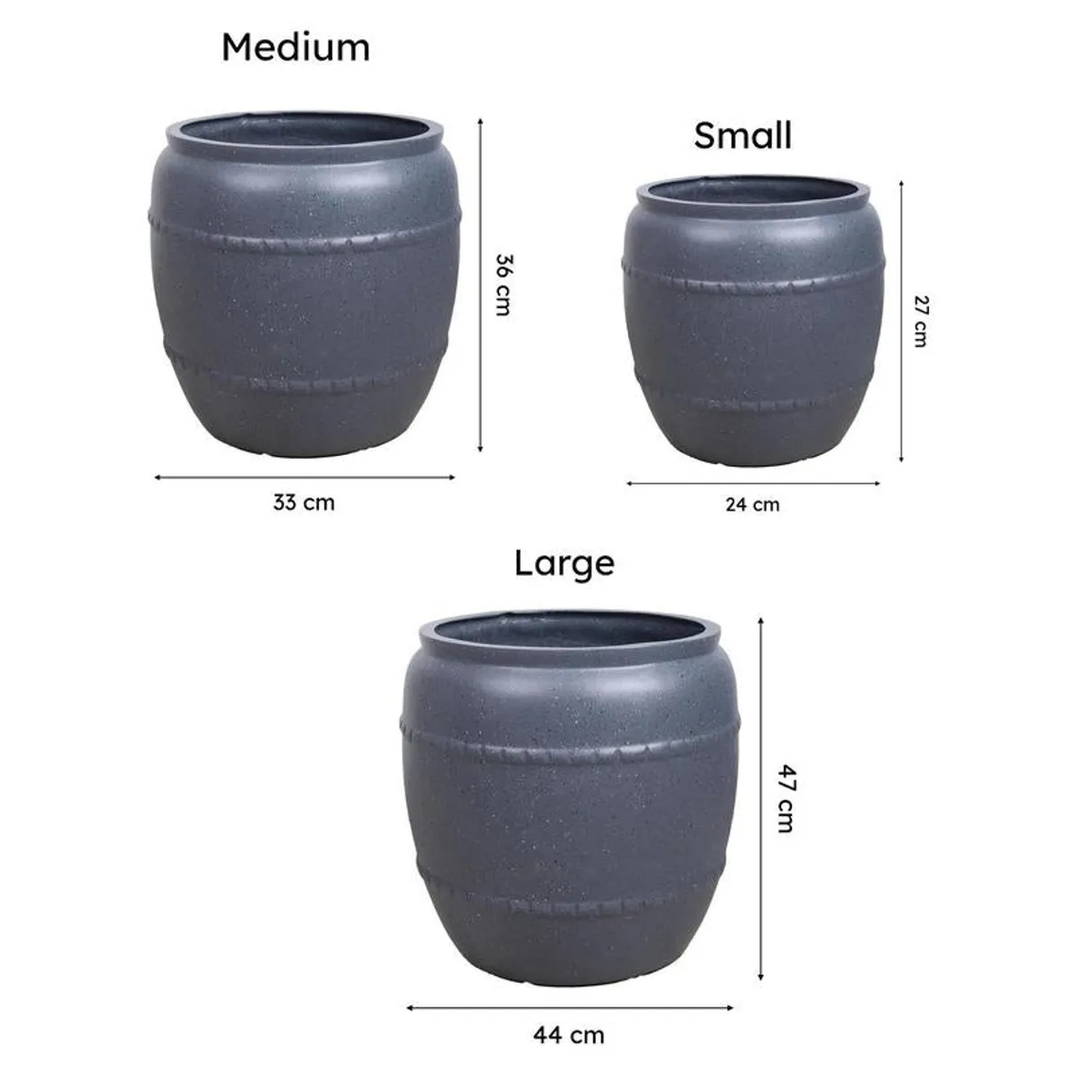 Size comparison showing the Small, Medium and Large grey planters