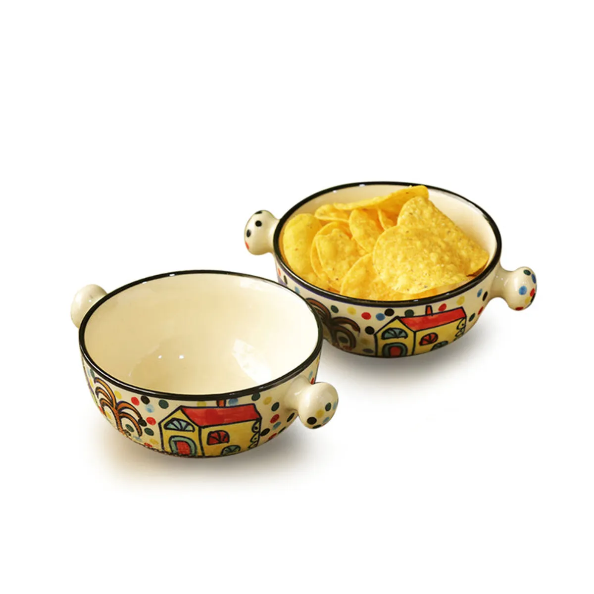 Pair of colourful ceramic bowls with illustrated house motifs and rounded knob handles.