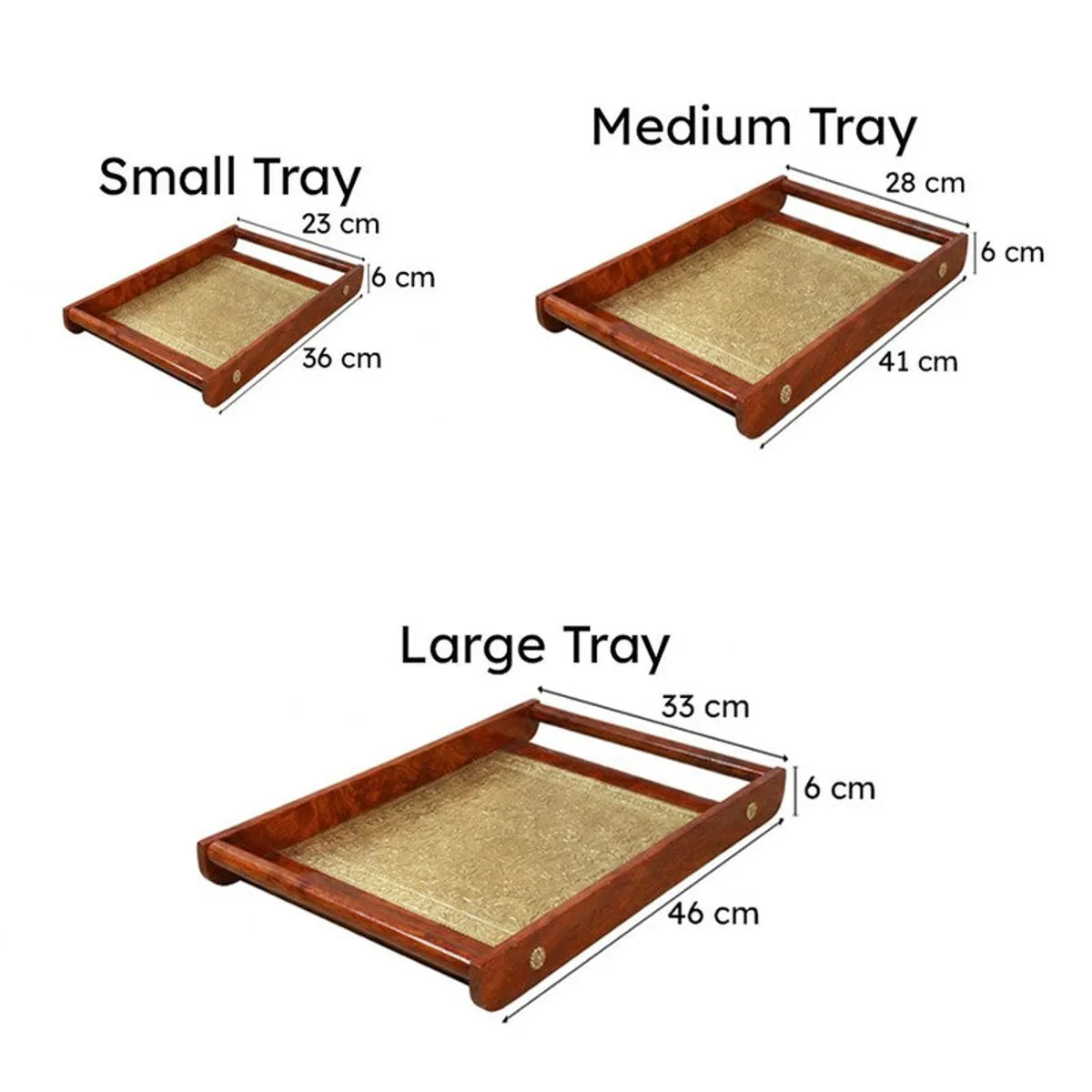 Three brown serving trays displayed separately to show their different sizes