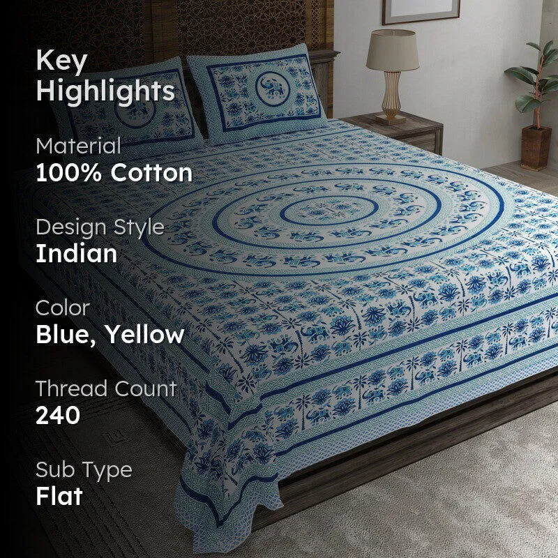 Petalel Cotton Bedsheet (Blue,Yellow) - 240 TC media 2