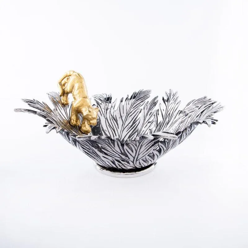 Silver leaf-textured accent bowl with a gold panther figure on the rim