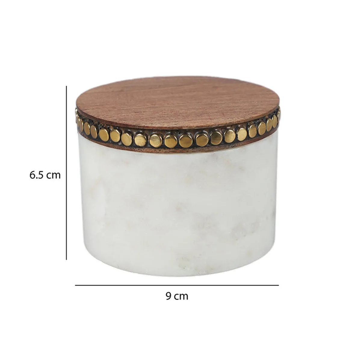 White marble storage jar with wood lid shown with dimensions