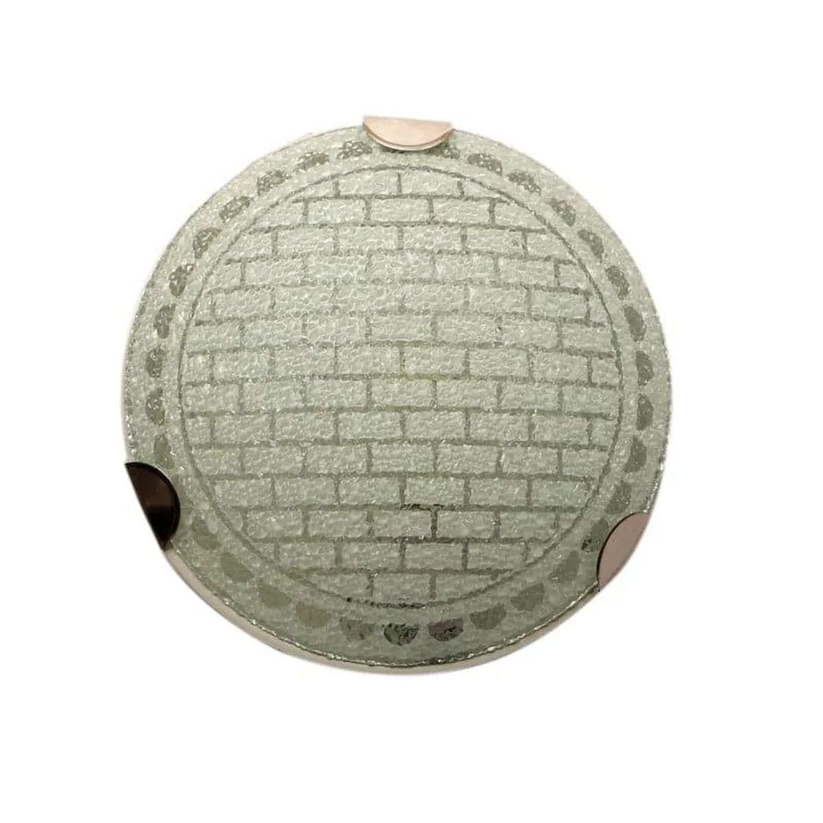 Front view of a round grey and white textured wall lamp