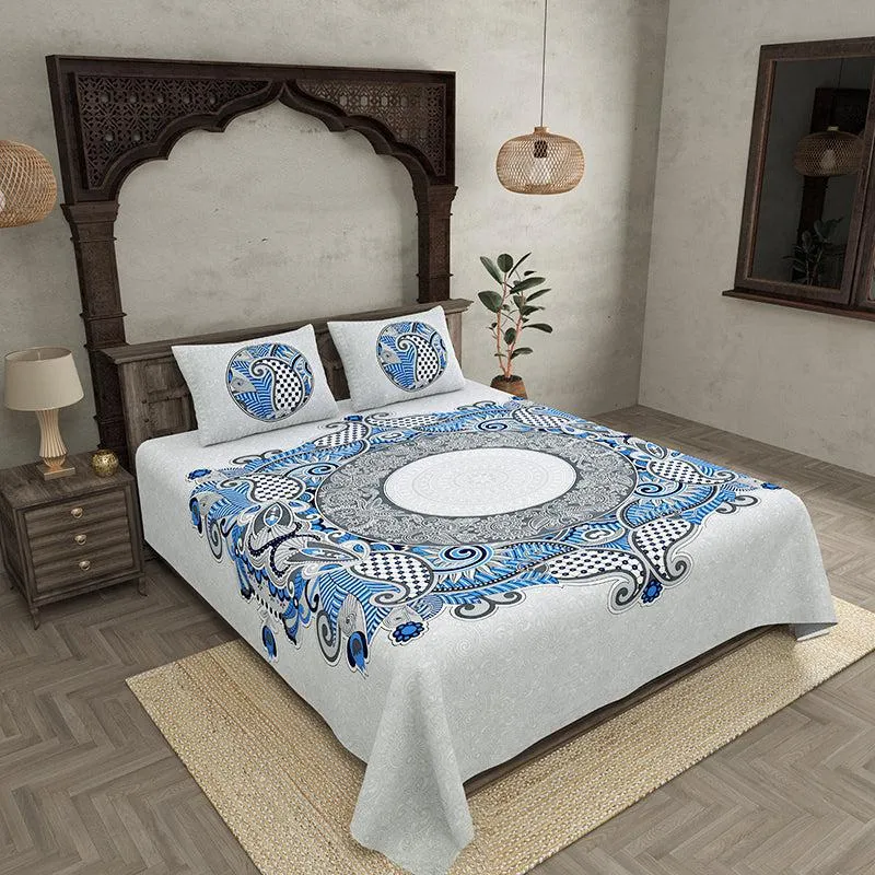 Padmini Pride Ethnic Cotton Bedsheet (Blue) - 140 TC media 1