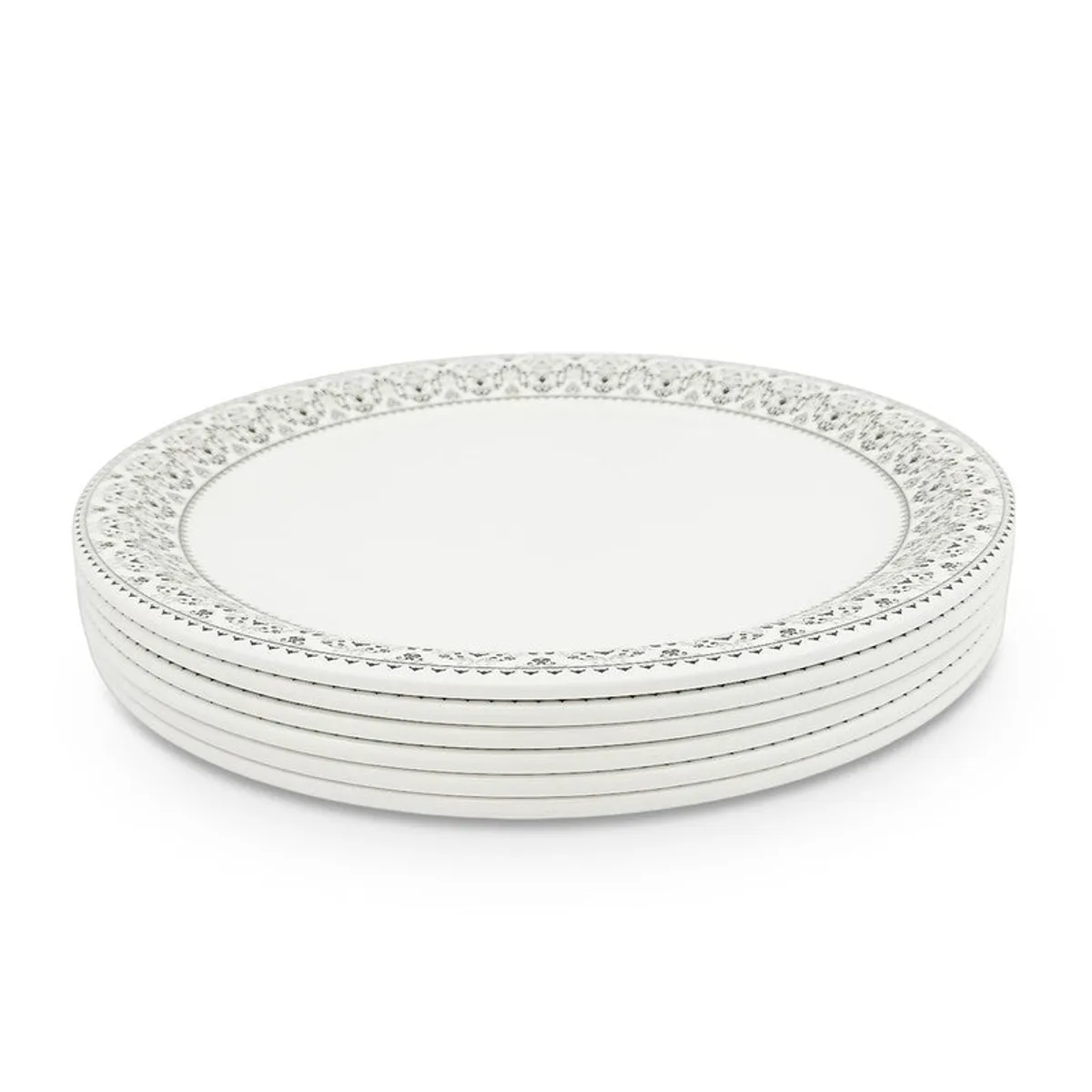 Stacked white quarter plates with grey patterned rims on a white background